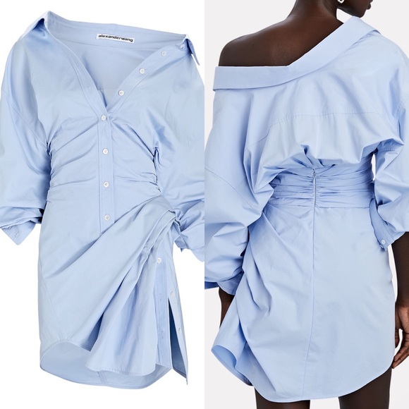 ALEXANDER WANG Cinched Cotton Shirt Dress in Light Blue Size 0 - Picture 5 of 11